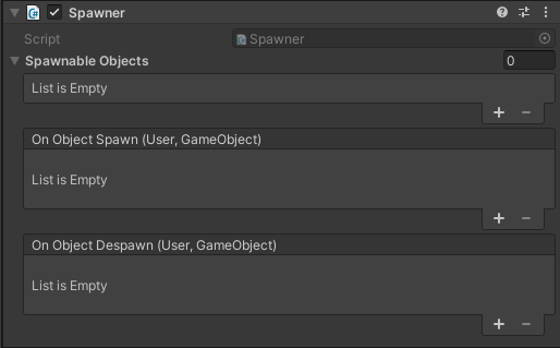 The image shows an example of how the Spawner component looks in the inspector.